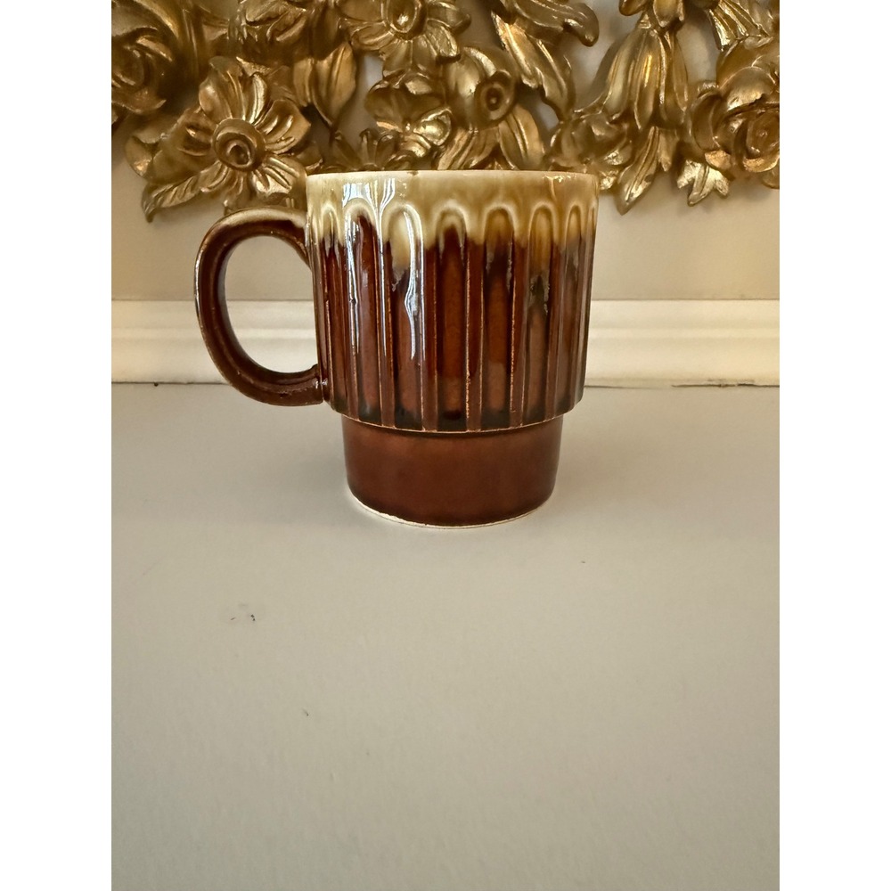 Vintage Japan Drip Glaze Coffee Mug Brown Tan Ribbed Ceramic Mid Century Modern